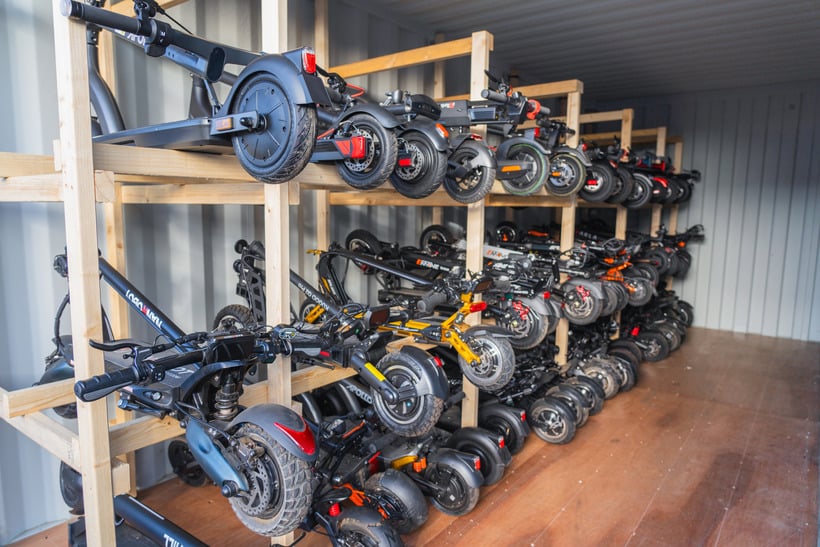 Lots of Tested Electric Scooters in the Electric Scooter Insider Storage Unit